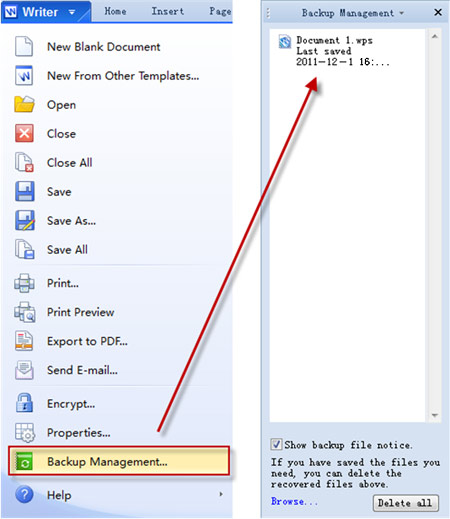 kingsoft writer backup management